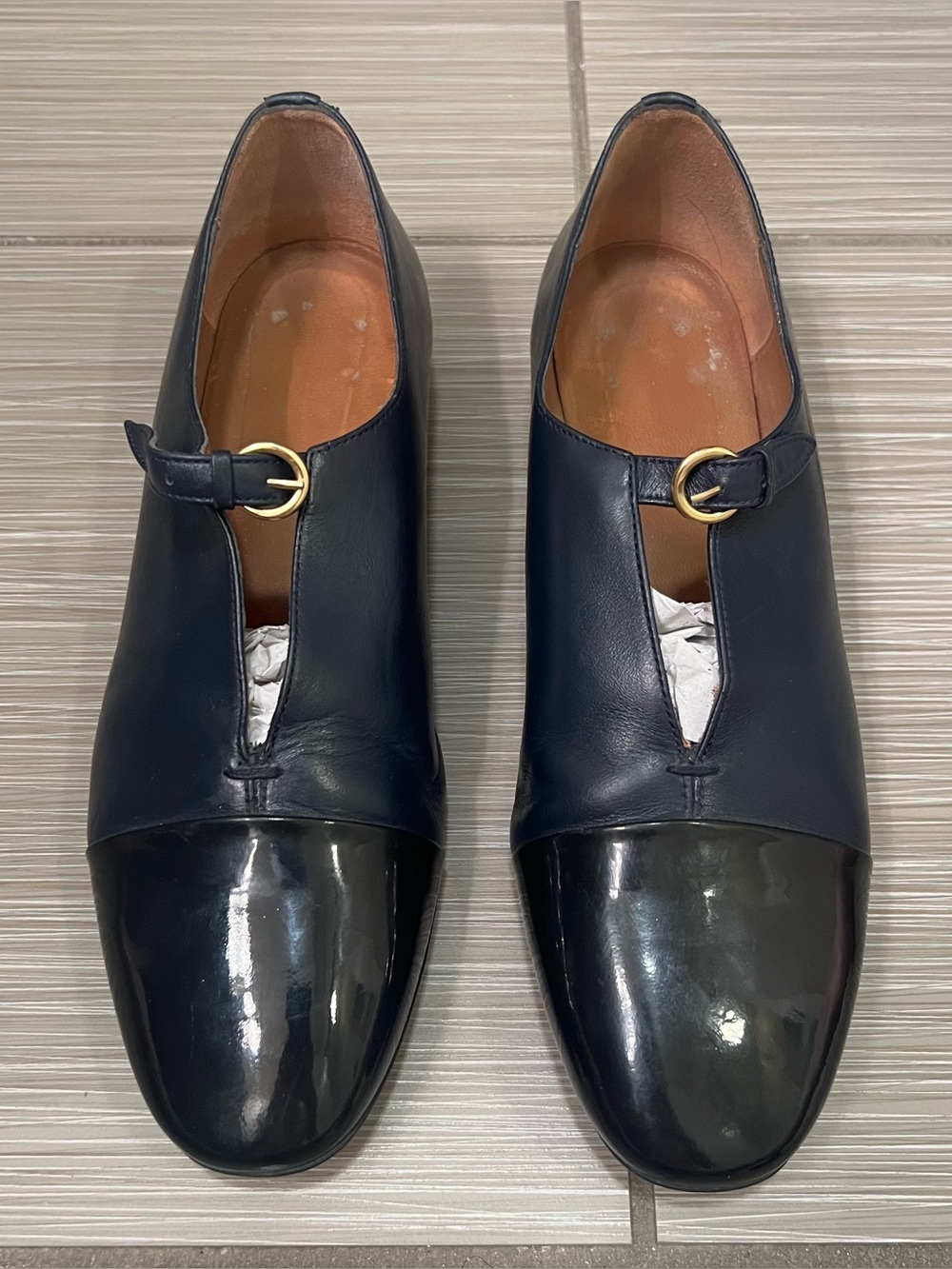 Heyraud navy black leather patent color block flats loafers - Picture 2 of 7